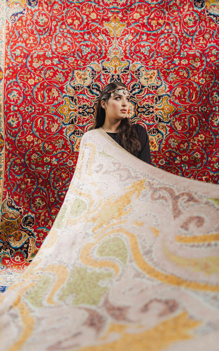 Kashmiri Kalamkari Sozni Work Shawl - White | Handmade - ARTISANS KASHMIR