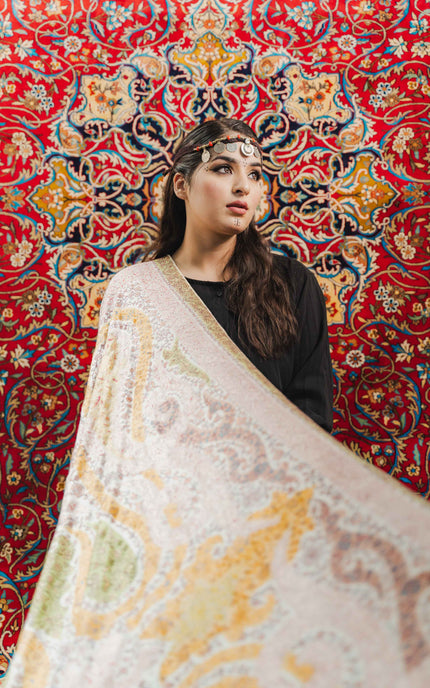 Kashmiri Kalamkari Sozni Work Shawl - White | Handmade - ARTISANS KASHMIR