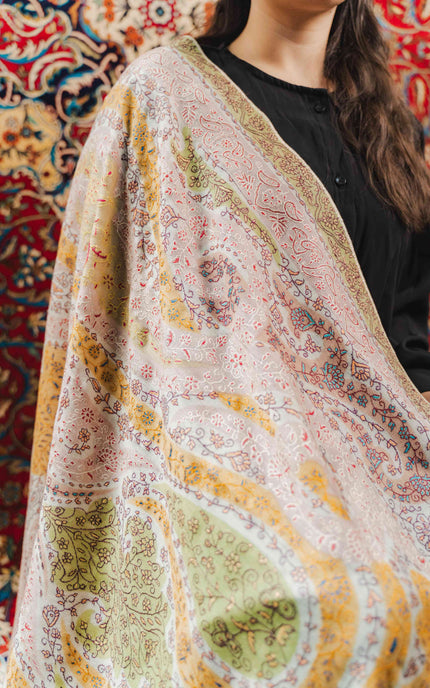 Kashmiri Kalamkari Sozni Work Shawl - White | Handmade - ARTISANS KASHMIR