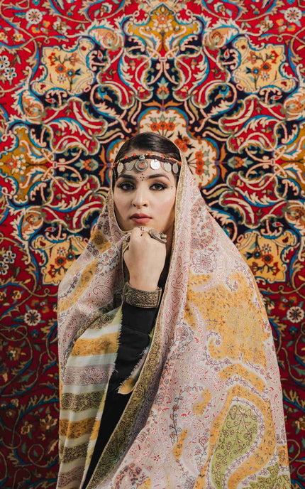 Kashmiri Kalamkari Sozni Work Shawl - White | Handmade - ARTISANS KASHMIR