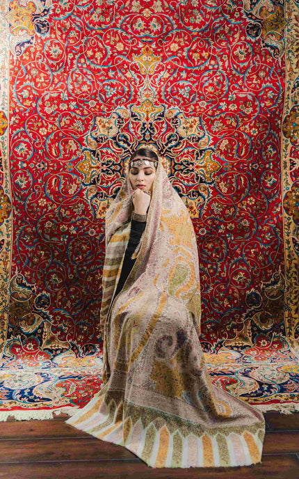 Kashmiri Kalamkari Sozni Work Shawl - White | Handmade - ARTISANS KASHMIR