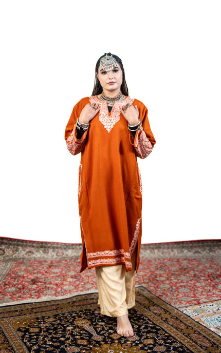 Kashmiri White Aari Work Phiran - Rust - ARTISANS KASHMIR