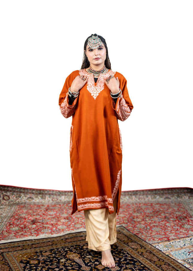 Kashmiri White Aari Work Phiran - Rust - ARTISANS KASHMIR