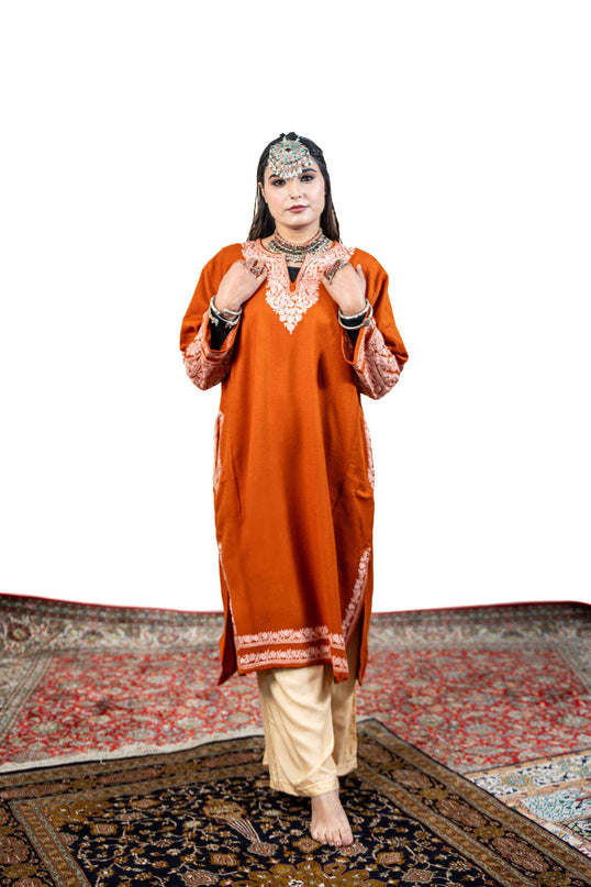 Kashmiri White Aari Work Phiran - Rust - ARTISANS KASHMIR