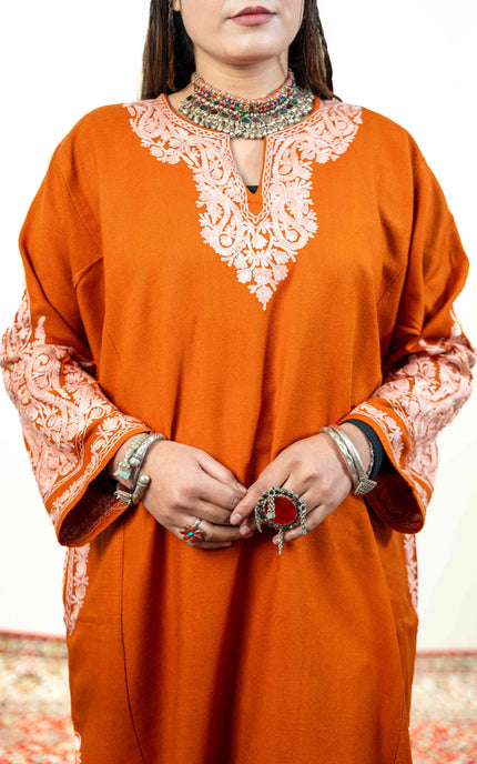 Kashmiri White Aari Work Phiran - Rust - ARTISANS KASHMIR