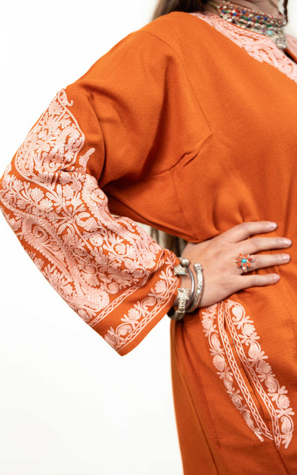 Kashmiri White Aari Work Phiran - Rust - ARTISANS KASHMIR