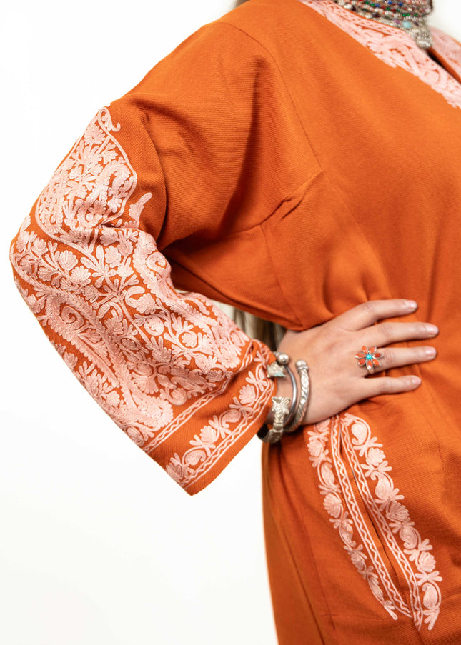 Kashmiri White Aari Work Phiran - Rust - ARTISANS KASHMIR