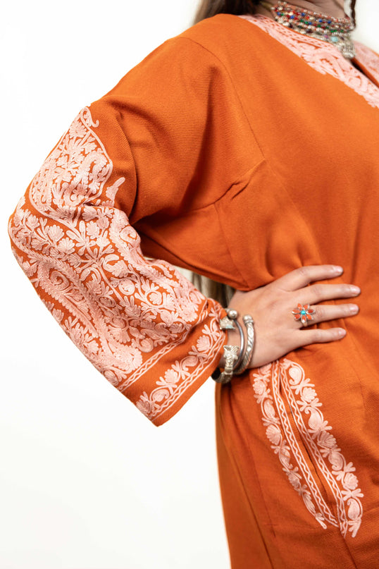 Kashmiri White Aari Work Phiran - Rust - ARTISANS KASHMIR