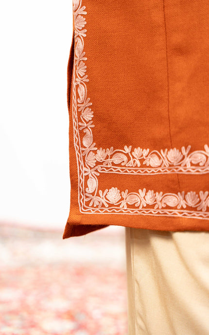 Kashmiri White Aari Work Phiran - Rust - ARTISANS KASHMIR