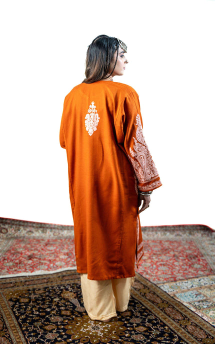 Kashmiri White Aari Work Phiran - Rust - ARTISANS KASHMIR