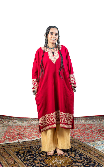 Kashmiri Aari Work Phiran - Brilliant Red - ARTISANS KASHMIR