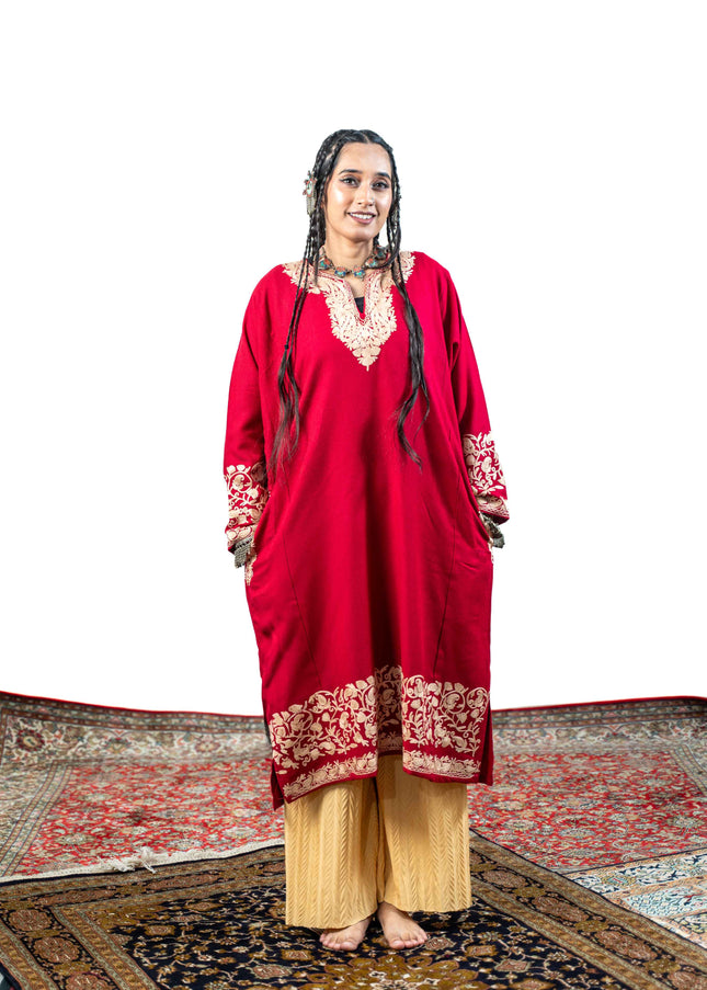 Kashmiri Aari Work Phiran - Brilliant Red - ARTISANS KASHMIR