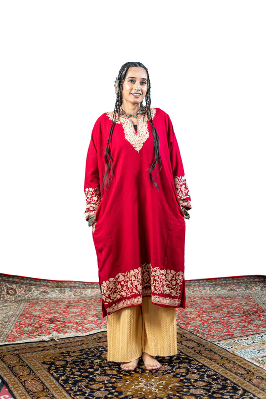 Kashmiri Aari Work Phiran - Brilliant Red - ARTISANS KASHMIR