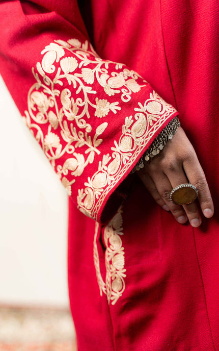 Kashmiri Aari Work Phiran - Brilliant Red - ARTISANS KASHMIR