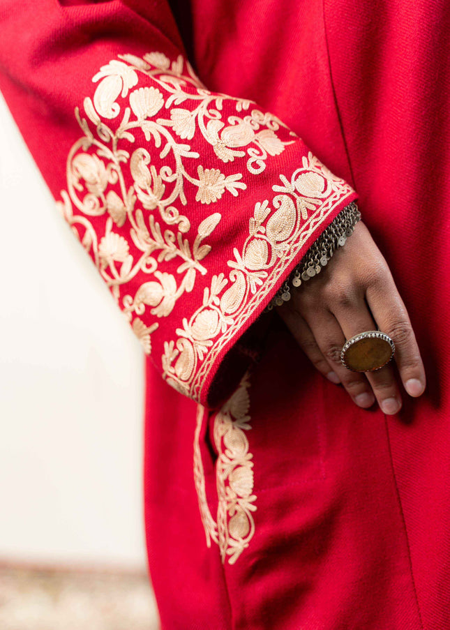 Kashmiri Aari Work Phiran - Brilliant Red - ARTISANS KASHMIR