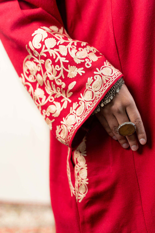 Kashmiri Aari Work Phiran - Brilliant Red - ARTISANS KASHMIR