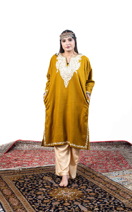 Kashmiri White Aari Work Phiran - Mustard - ARTISANS KASHMIR