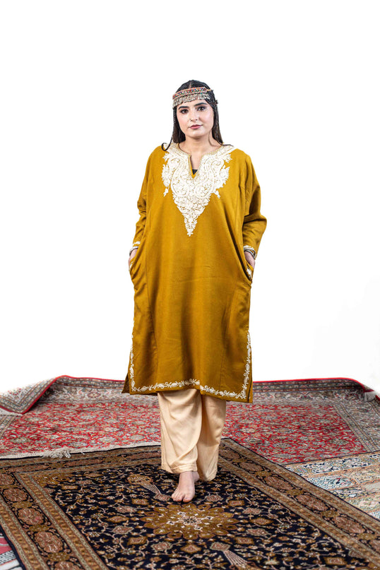 Kashmiri White Aari Work Phiran - Mustard - ARTISANS KASHMIR