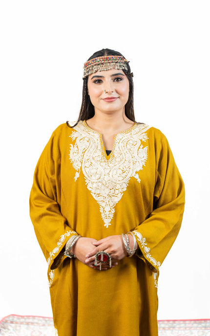 Kashmiri White Aari Work Phiran - Mustard - ARTISANS KASHMIR