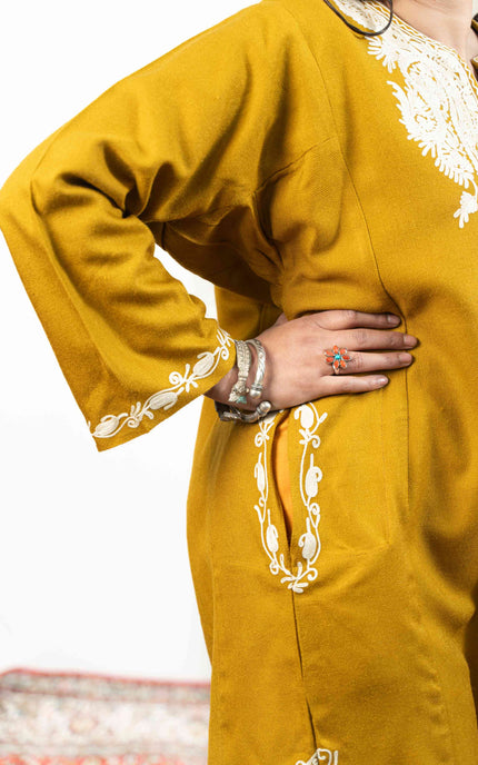 Kashmiri White Aari Work Phiran - Mustard - ARTISANS KASHMIR