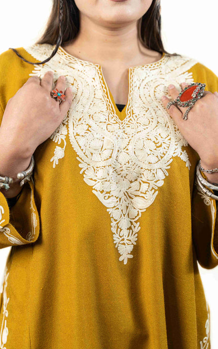 Kashmiri White Aari Work Phiran - Mustard - ARTISANS KASHMIR