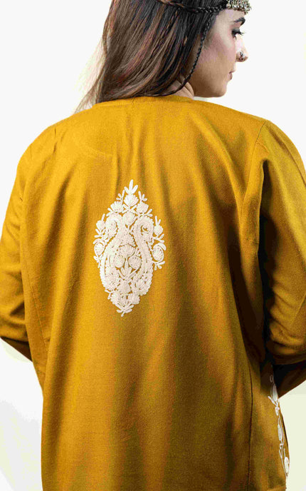 Kashmiri White Aari Work Phiran - Mustard - ARTISANS KASHMIR