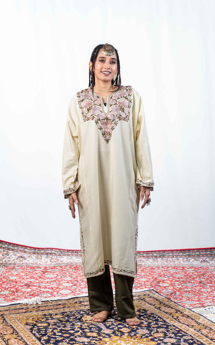 Kashmiri Aari Work Phiran - Pearl White - ARTISANS KASHMIR