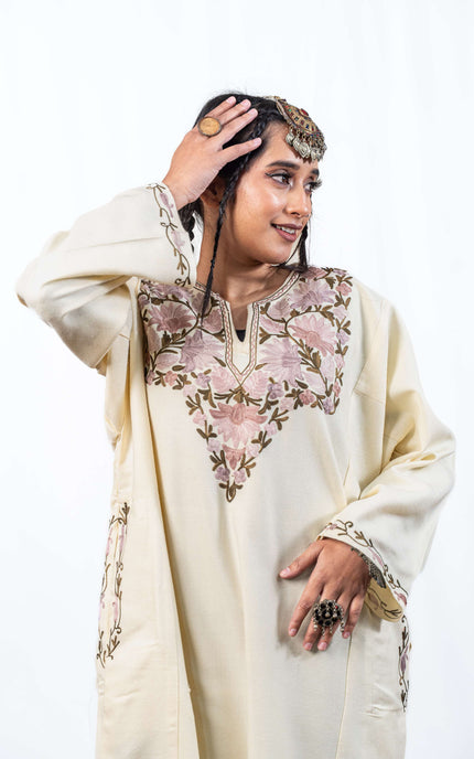 Kashmiri Aari Work Phiran - Pearl White - ARTISANS KASHMIR