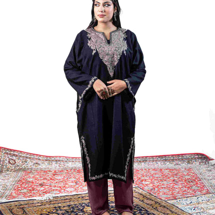 Kashmiri Pastel Aari Work Phiran - Black | Rezkaar - ARTISANS KASHMIR