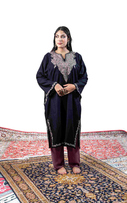 Kashmiri Pastel Aari Work Phiran - Black | Rezkaar - ARTISANS KASHMIR