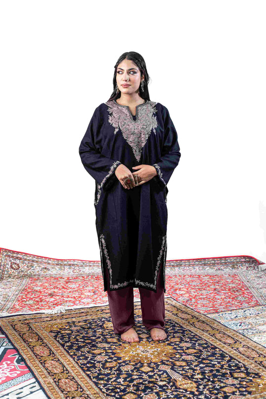 Kashmiri Pastel Aari Work Phiran - Black | Rezkaar - ARTISANS KASHMIR