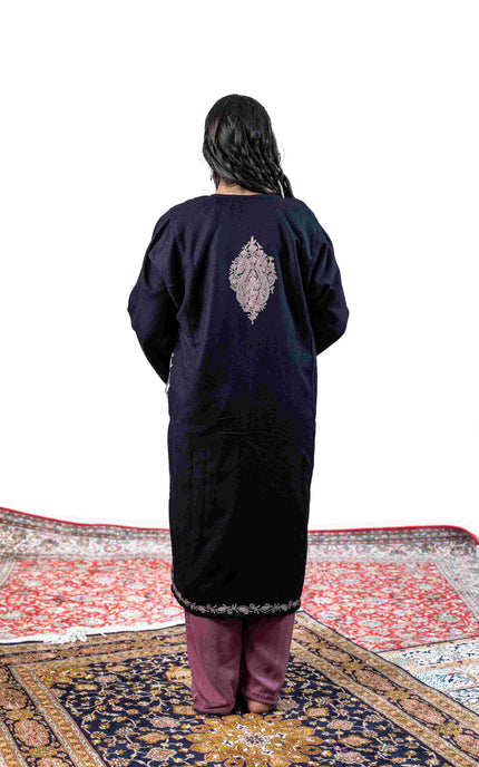 Kashmiri Pastel Aari Work Phiran - Black | Rezkaar - ARTISANS KASHMIR