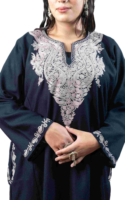 Kashmiri Pastel Aari Work Phiran - Black | Rezkaar - ARTISANS KASHMIR