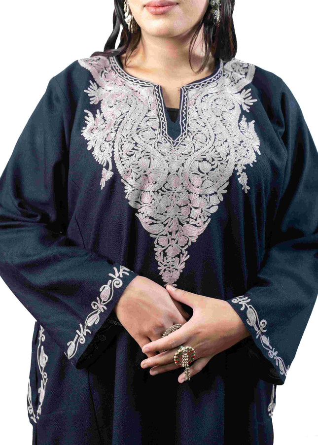 Kashmiri Pastel Aari Work Phiran - Black | Rezkaar - ARTISANS KASHMIR