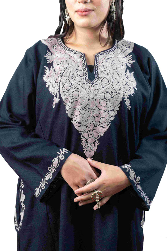 Kashmiri Pastel Aari Work Phiran - Black | Rezkaar - ARTISANS KASHMIR