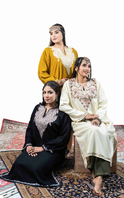 Kashmiri Pastel Aari Work Phiran - Black | Rezkaar - ARTISANS KASHMIR