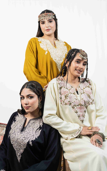 Kashmiri Pastel Aari Work Phiran - Black | Rezkaar - ARTISANS KASHMIR