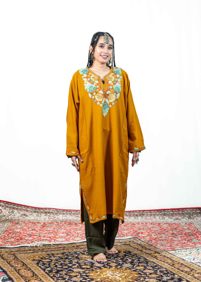 Kashmiri Aari Work Phiran - Mustard - ARTISANS KASHMIR