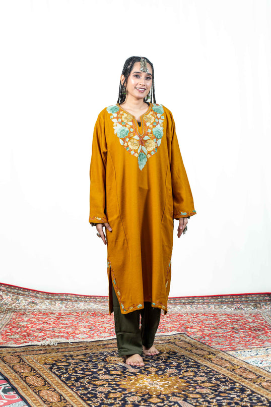 Kashmiri Aari Work Phiran - Mustard - ARTISANS KASHMIR