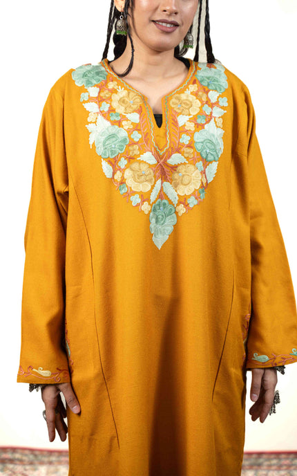 Kashmiri Aari Work Phiran - Mustard - ARTISANS KASHMIR