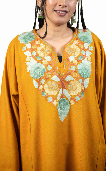 Kashmiri Aari Work Phiran - Mustard - ARTISANS KASHMIR