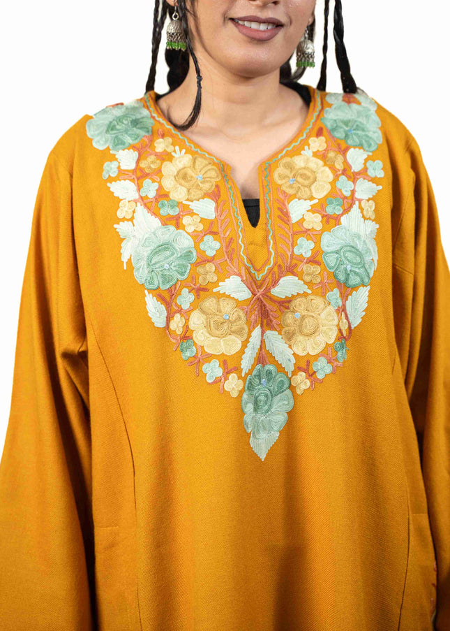 Kashmiri Aari Work Phiran - Mustard - ARTISANS KASHMIR