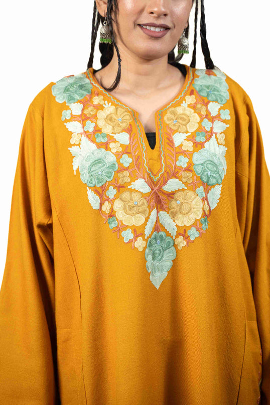 Kashmiri Aari Work Phiran - Mustard - ARTISANS KASHMIR