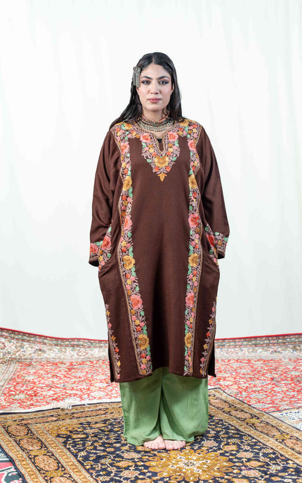 Kashmiri Aari Work Phiran - Brown - ARTISANS KASHMIR