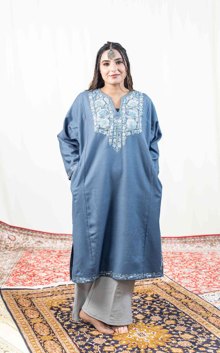 Kashmiri Aari Work Phiran - Teal - ARTISANS KASHMIR