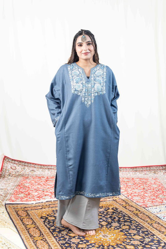 Kashmiri Aari Work Phiran - Teal - ARTISANS KASHMIR