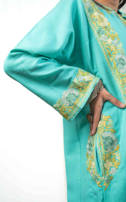 Kashmiri Aari Work Phiran - Turquoise - ARTISANS KASHMIR