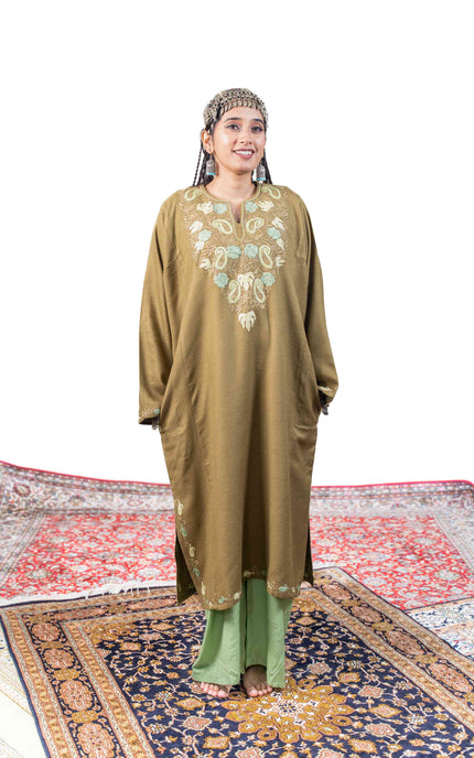 Kashmiri Paisley Aari Work Phiran - Olive - ARTISANS KASHMIR