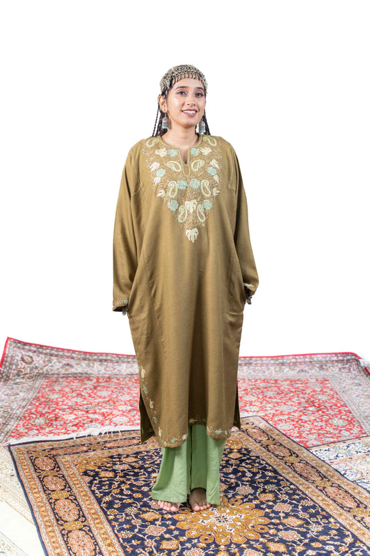 Kashmiri Paisley Aari Work Phiran - Olive - ARTISANS KASHMIR