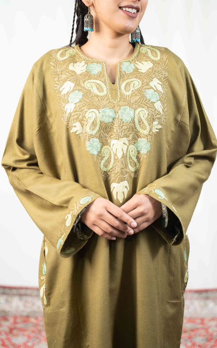 Kashmiri Paisley Aari Work Phiran - Olive - ARTISANS KASHMIR